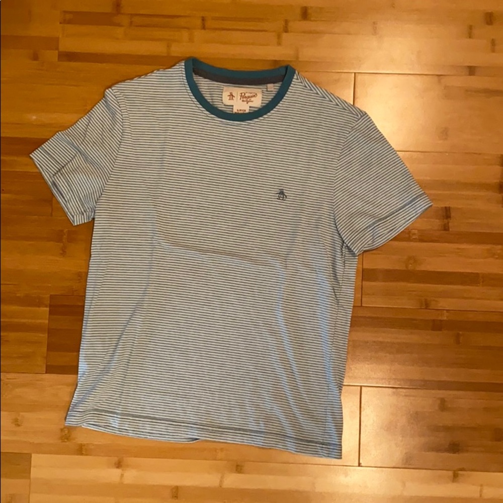 Blue and White Striped Penguin Shirt